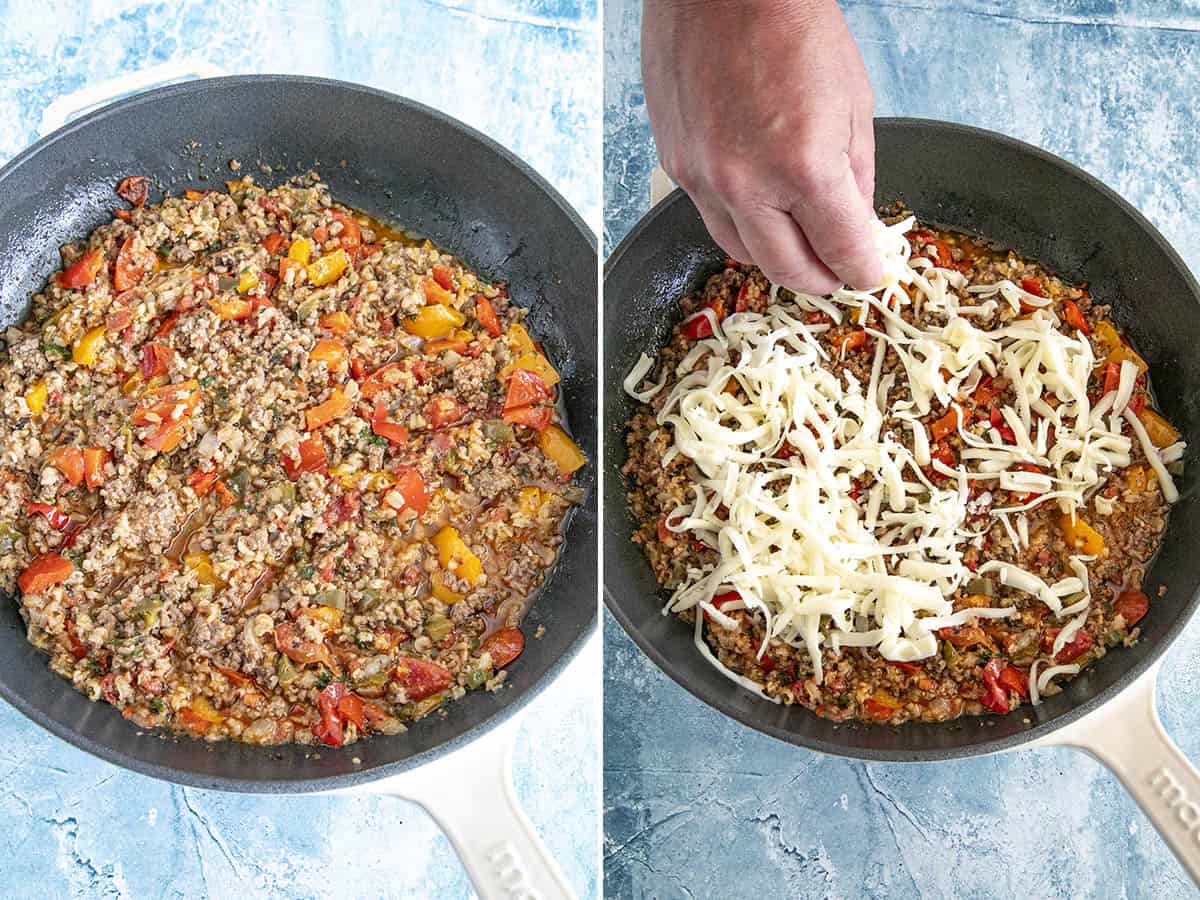Cooking ground beef and bell peppers in a pan and covering it with cheese to make Stuffed Pepper Casserole