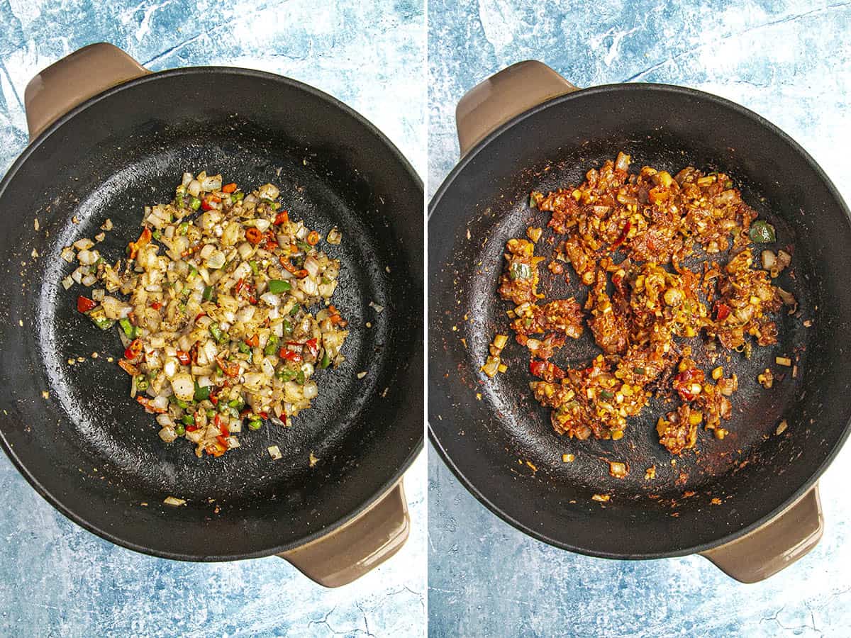 Cooking vegetables in a pot to make bo kho, Spicy Vietnamese Beef Stew