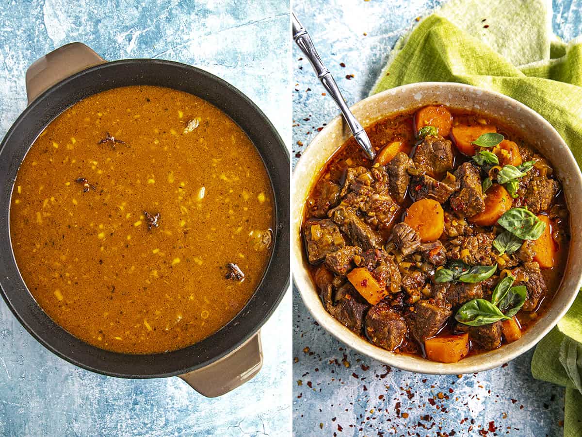 Simmering bo kho in a pot, and serving it in a bowl