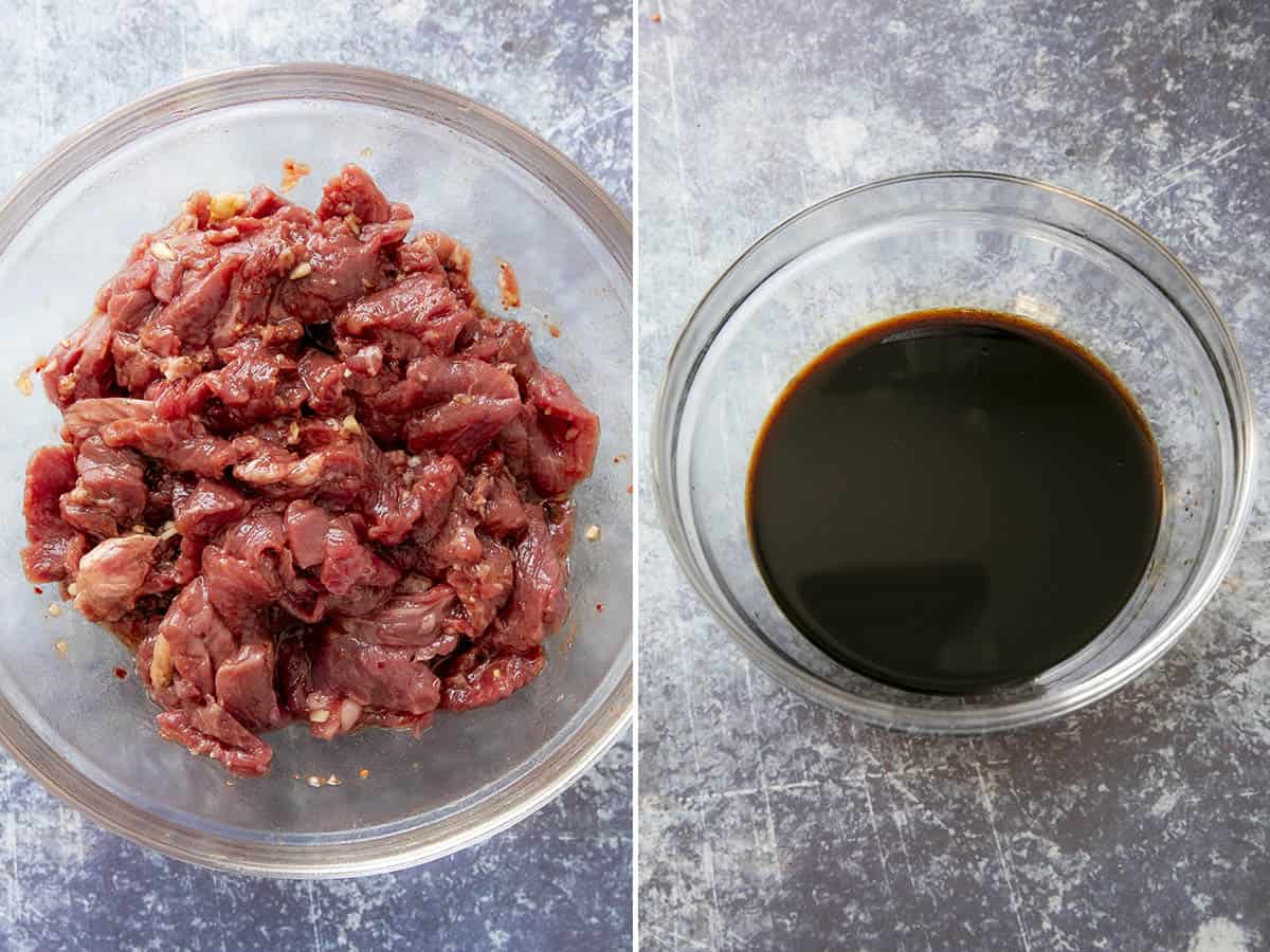 Marinating chopped beef to Make Vietnamese Shaking Beef (Bo Luc Lac), plus a bowl of marinade