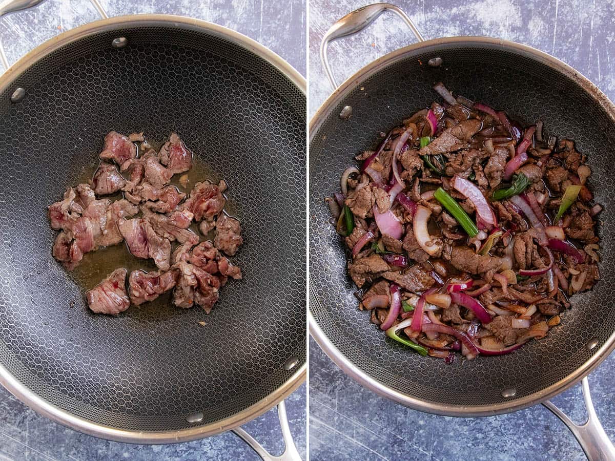 Stir Frying Marinated Beef and Vegetables in a Wok to Make Vietnamese Shaking Beef (Bo Luc Lac)