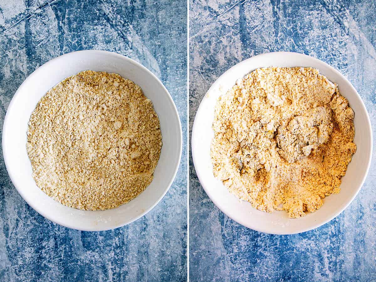 Coating oysters in a cornmeal-flour mixture in a bowl before frying them