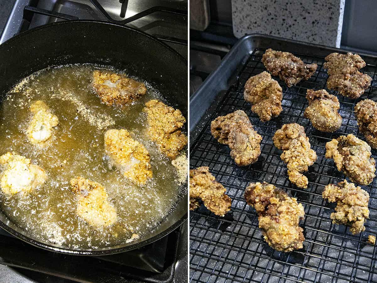 Oysters frying in hot oil, and draining on a wire rack in Mike's kitchen