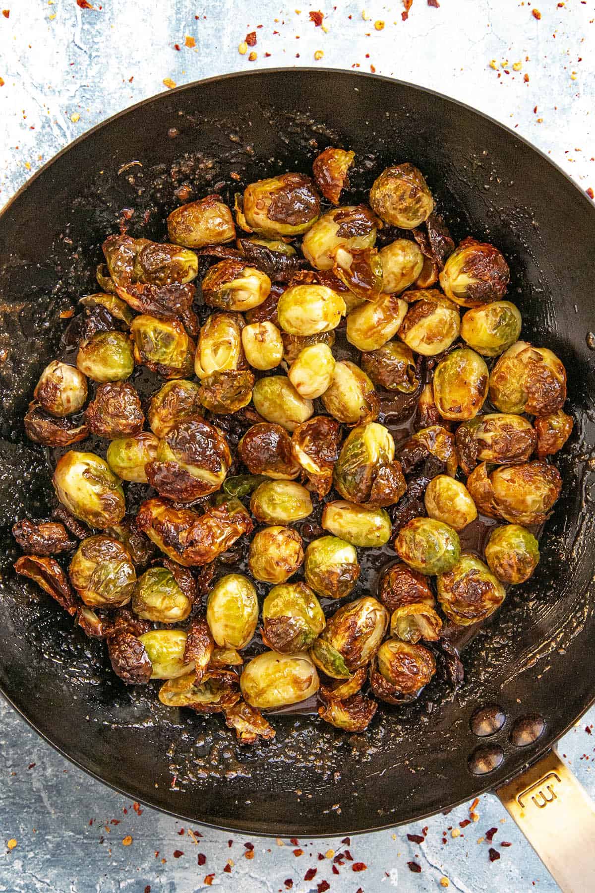 Honey Sriracha Brussels Sprouts in a pan