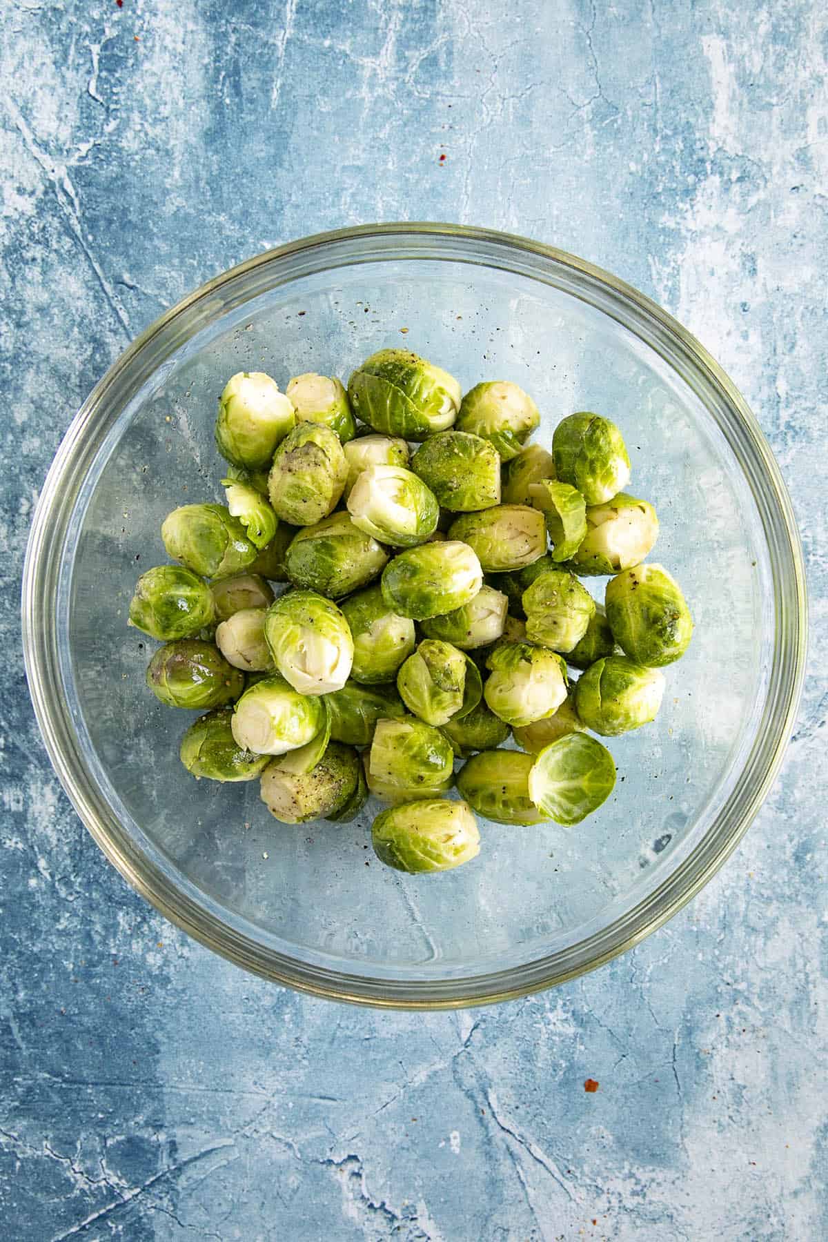 Brussels Sprouts in a bowl, ready for cooking