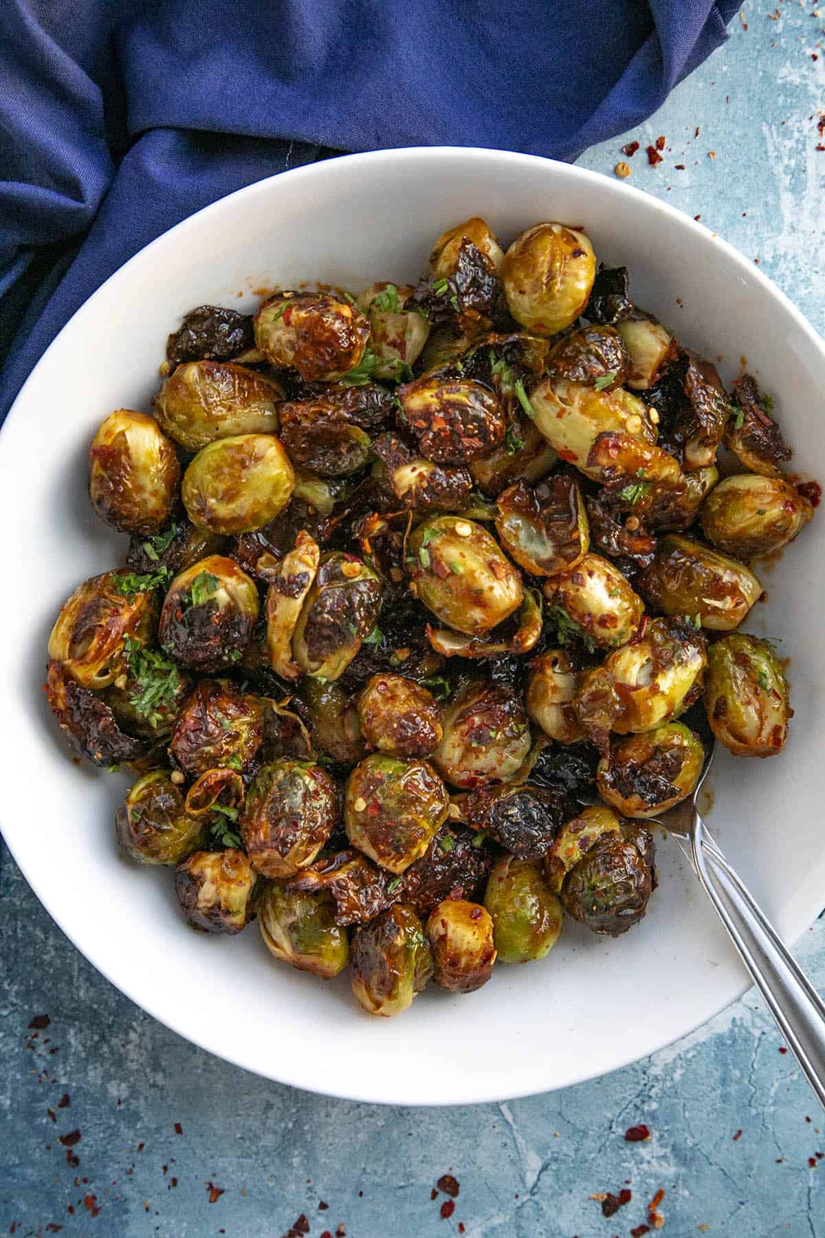Honey Sriracha Brussels Sprouts served in a bowl