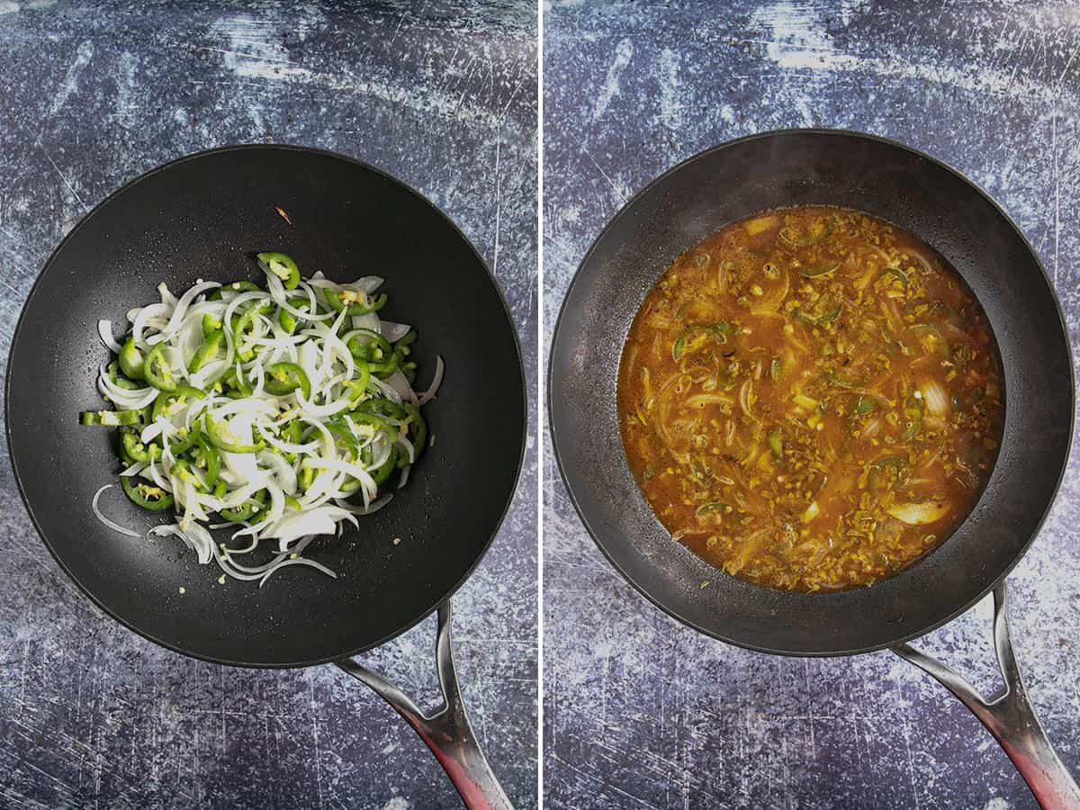 Cooking onions and peppers, and seafood sauce to make Spicy Marisquera Noodles