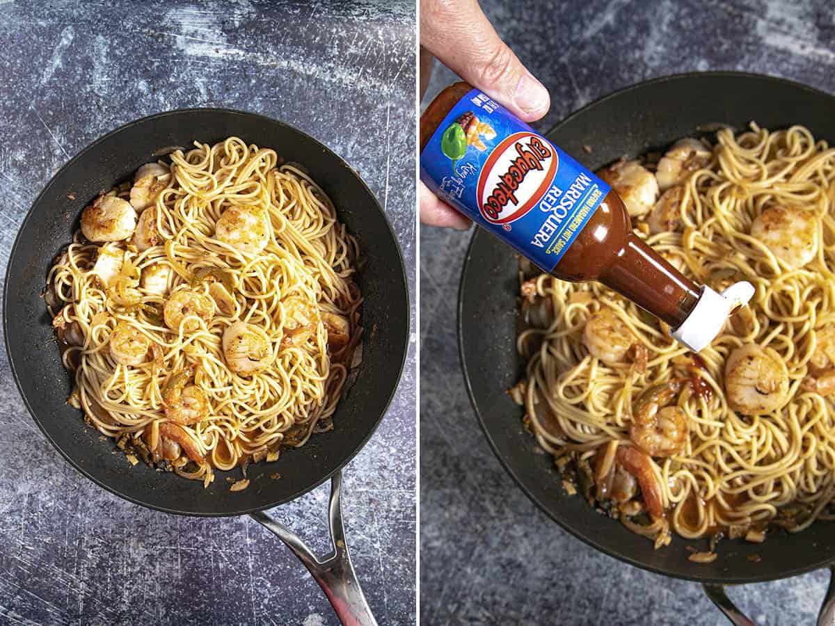 Serving Spicy Marisquera Noodles with extra hot sauce