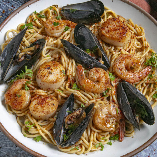 Spicy Marisquera Noodles in a bowl