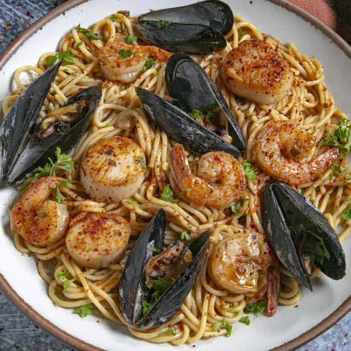 Spicy Marisquera Noodles in a bowl