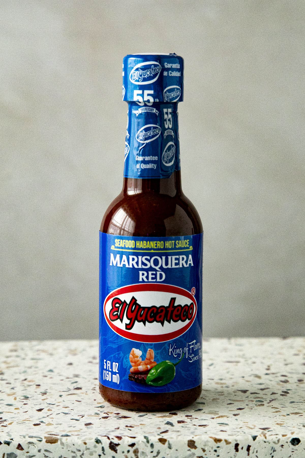 A bottle of El Yucateco Marisquera Red Seafood Habanero Hot Sauce