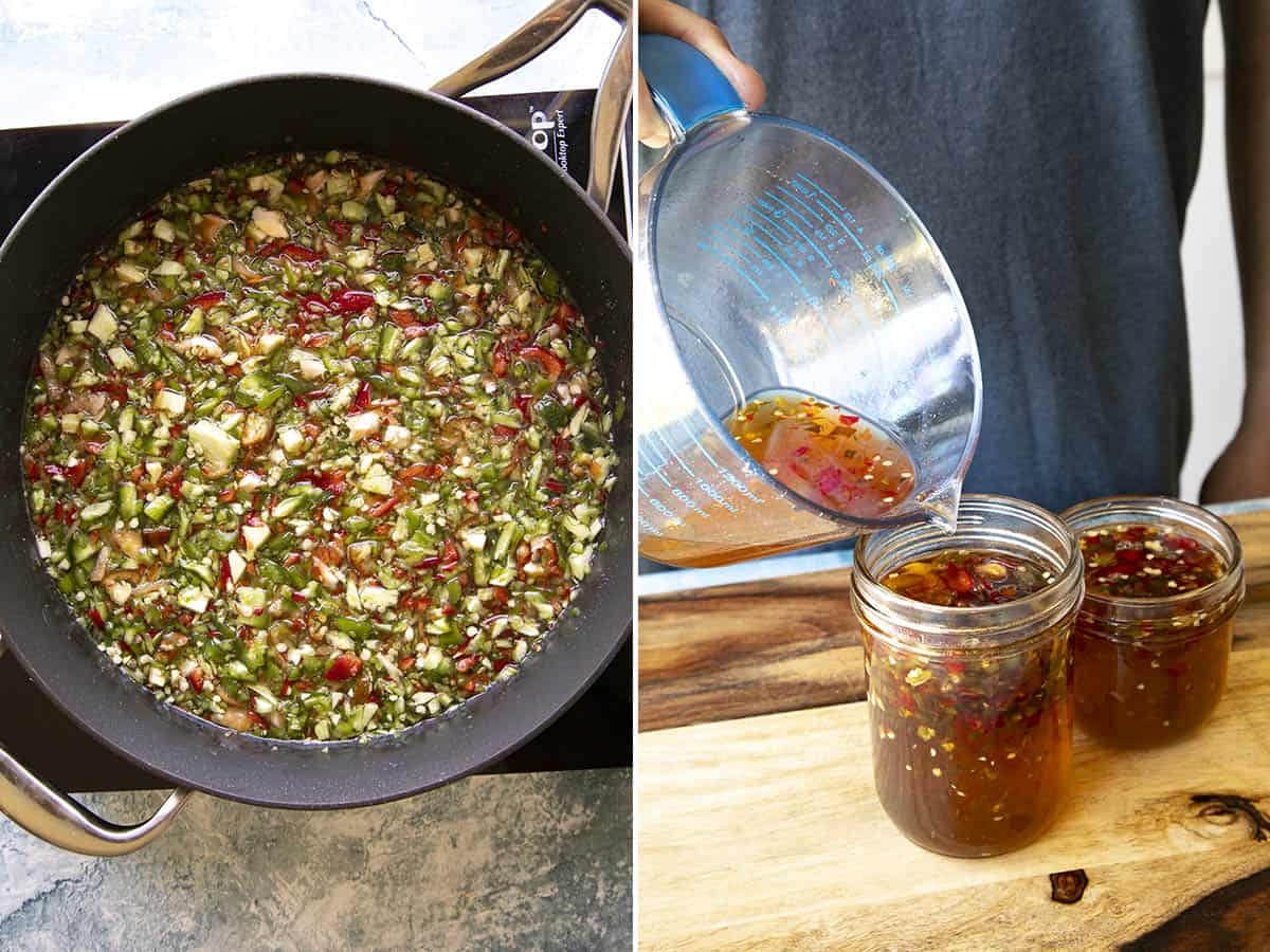 Boiling chopped peppers in sugar and pectin, and pouring hot pepper jelly into jars