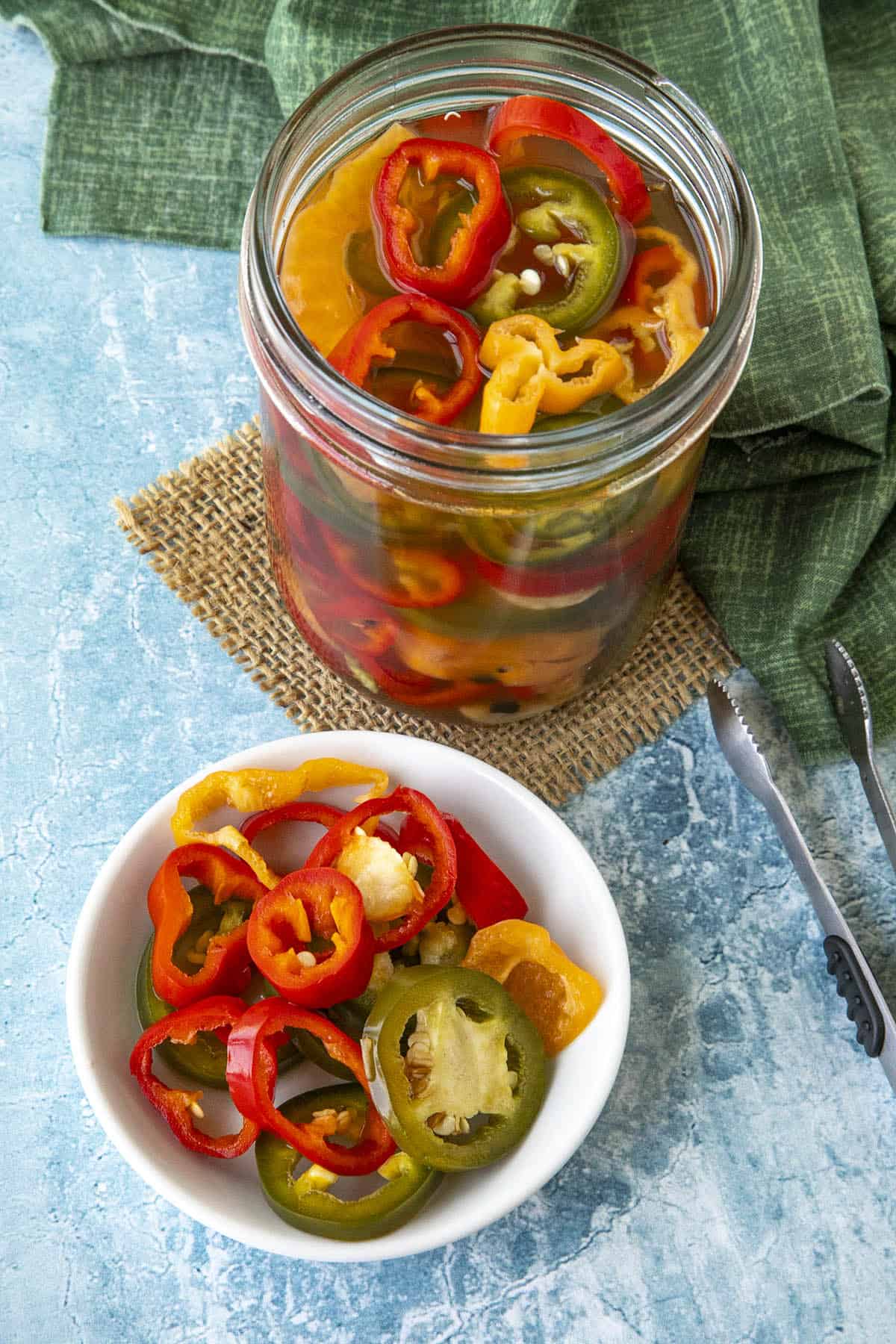 Pickled Peppers in a bowl and a jar