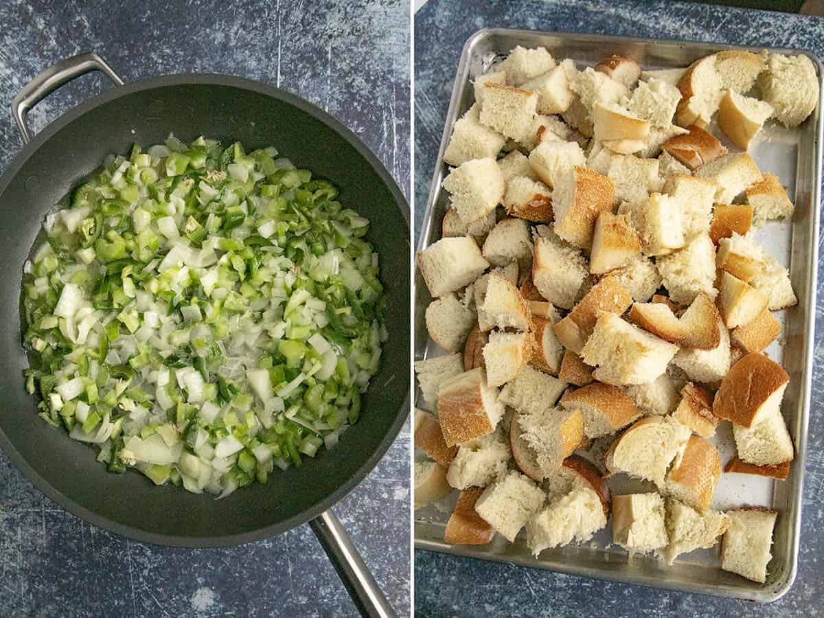 Cooking vegetables and toasted bread for making oyster dressing