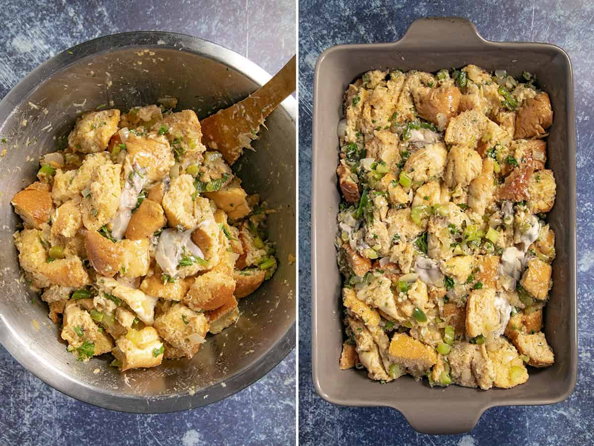 Mixing oyster dressing in a bowl, and ready to bake