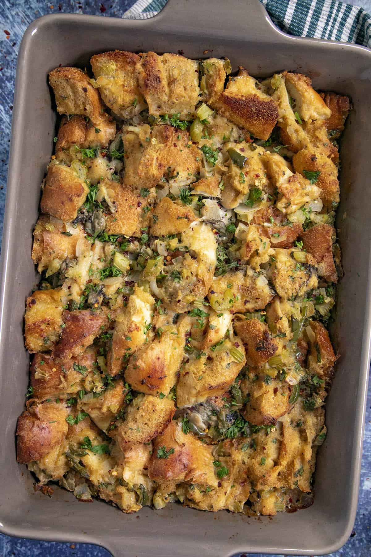 Oyster Dressing in a baking dish