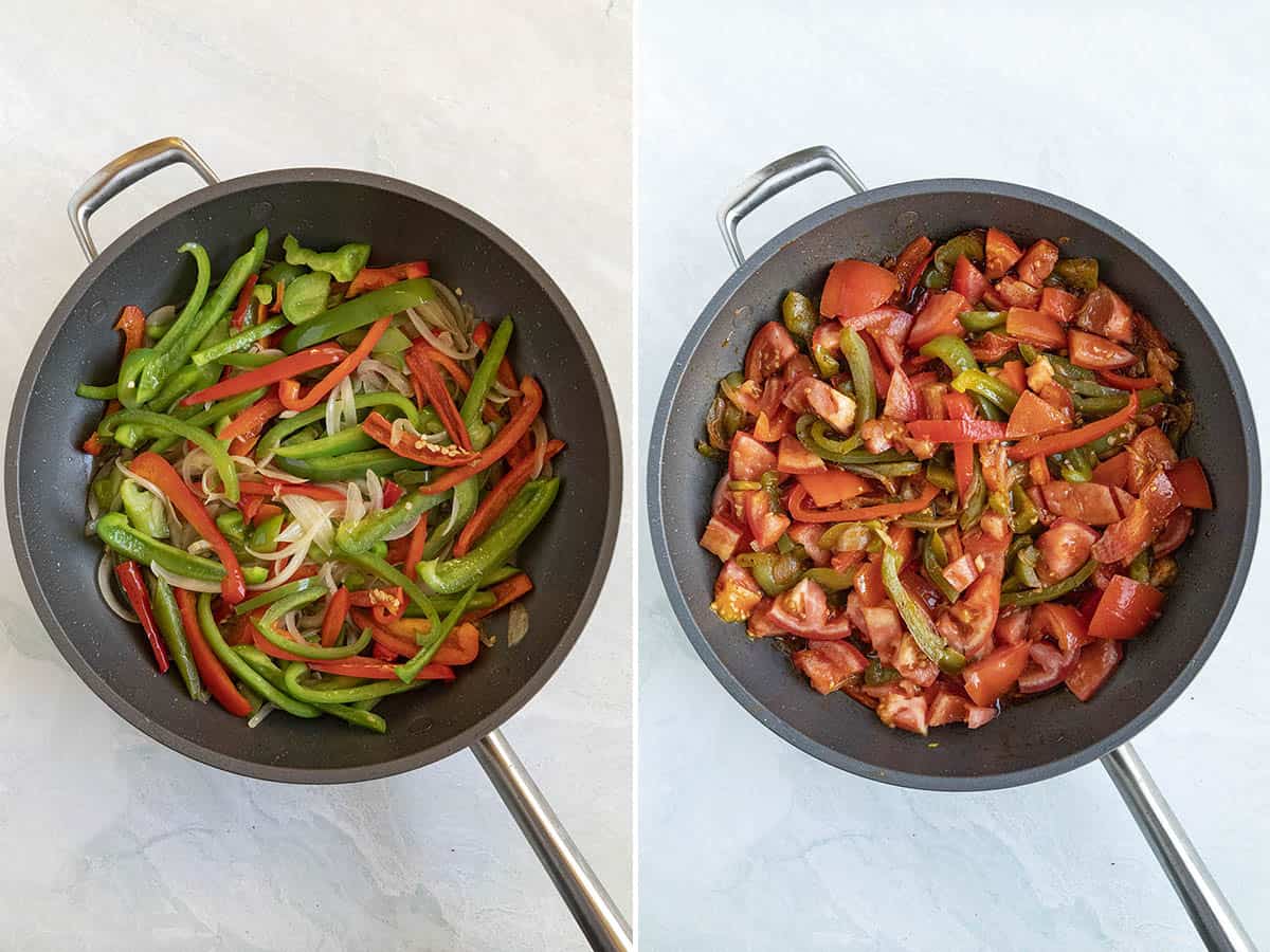 Cooking lots of peppers, onions, and tomatoes to make piperade