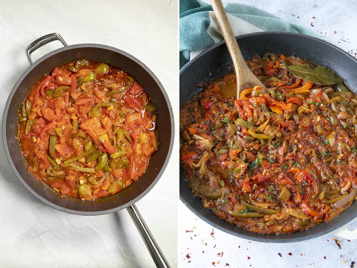 Simmering Piperade (Basque Tomato-Pepper Sauce), then serving with a spoon
