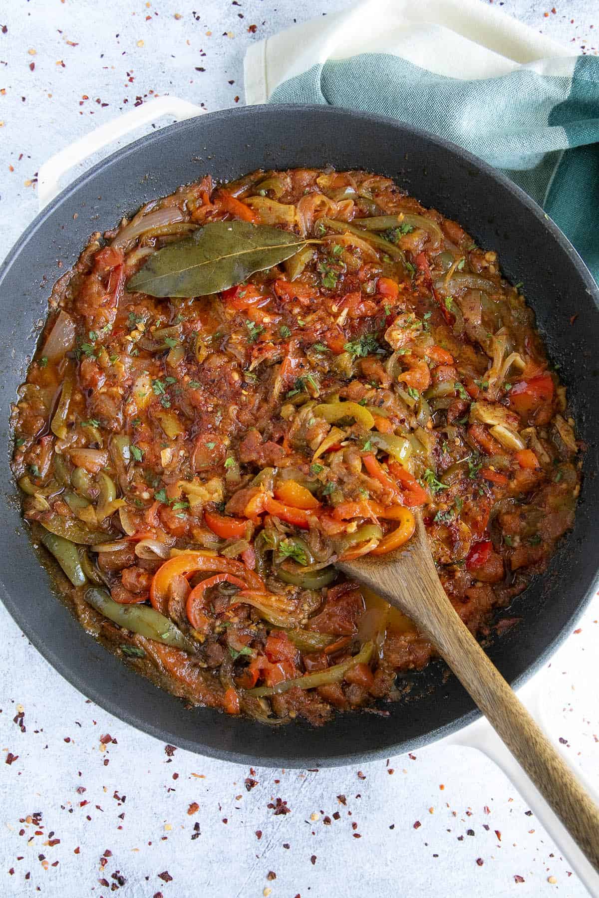 Piperade (Basque Tomato-Pepper Sauce) in a pan, ready to serve