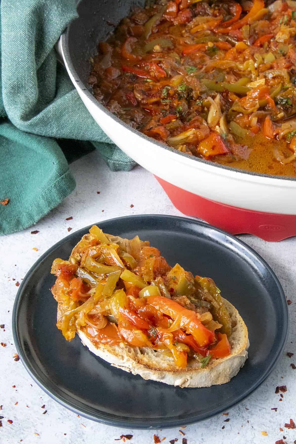 Piperade spread onto toasty bread