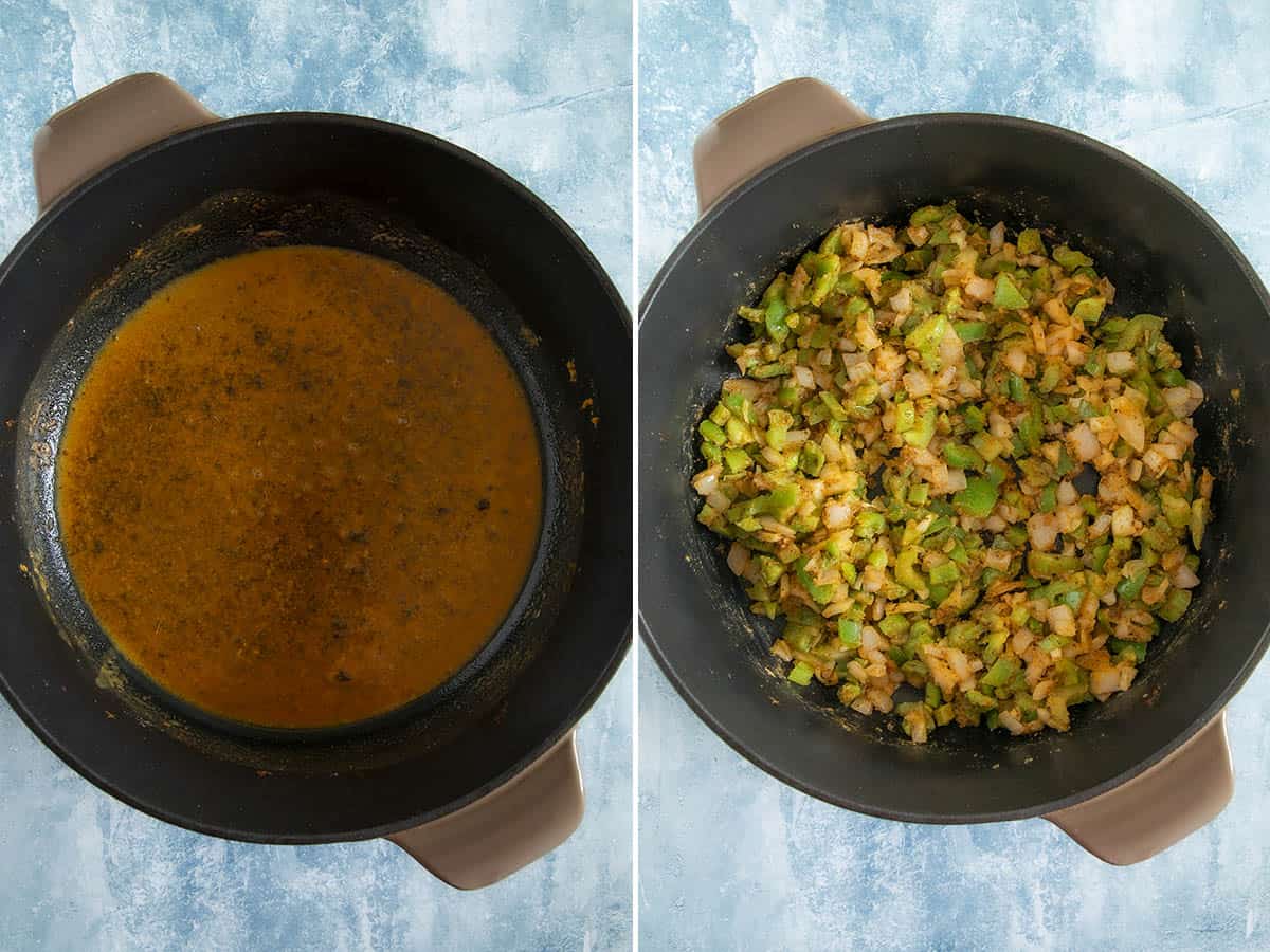 Cooking down vegetables in a pot to make Smothered Turkey Wings