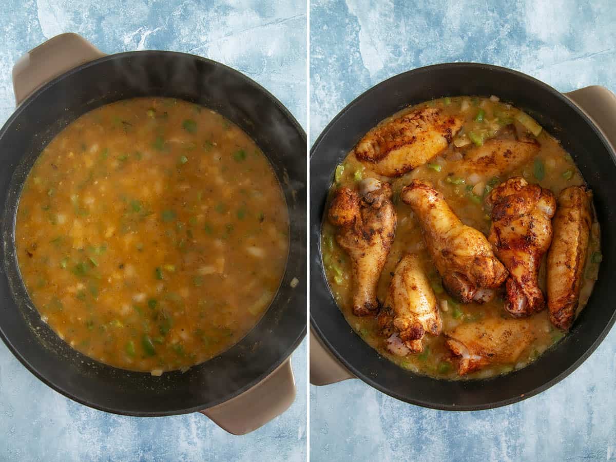 Simmering turkey wings in a pot of gravy
