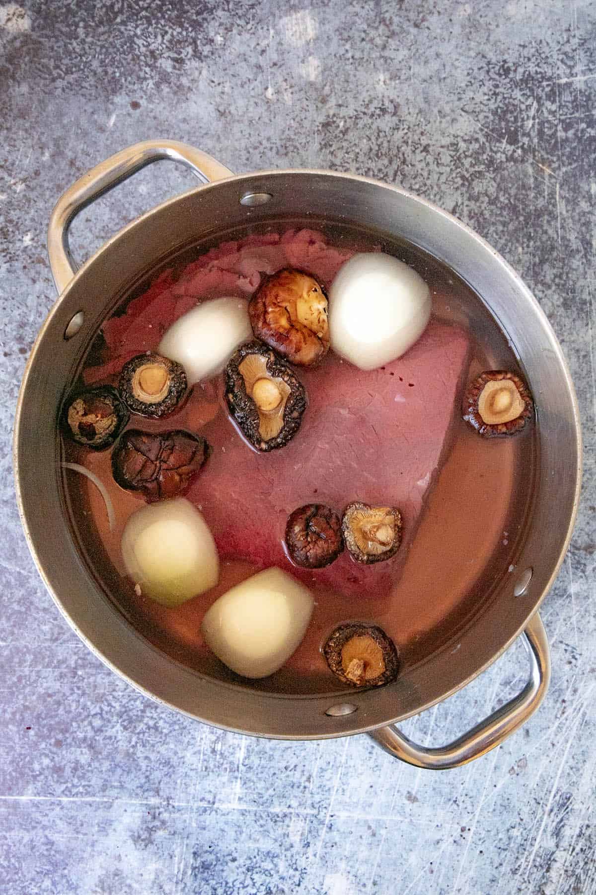 Everything added to the pot to make Yukgaejang (Spicy Korean Vegetable Beef Soup)