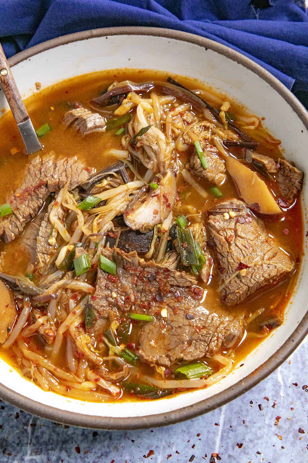 A bowl of Yukgaejang (Spicy Korean Vegetable Beef Soup) with lots of chunky beef