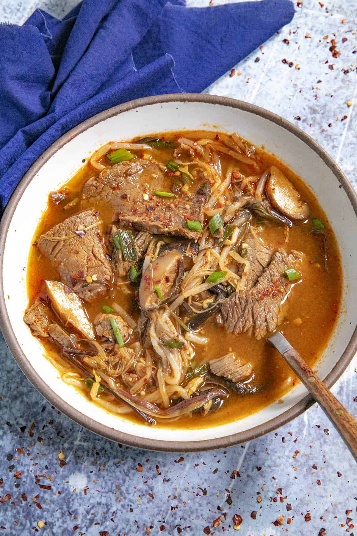 Serving a bowl of Yukgaejang (Spicy Korean Vegetable Beef Soup)