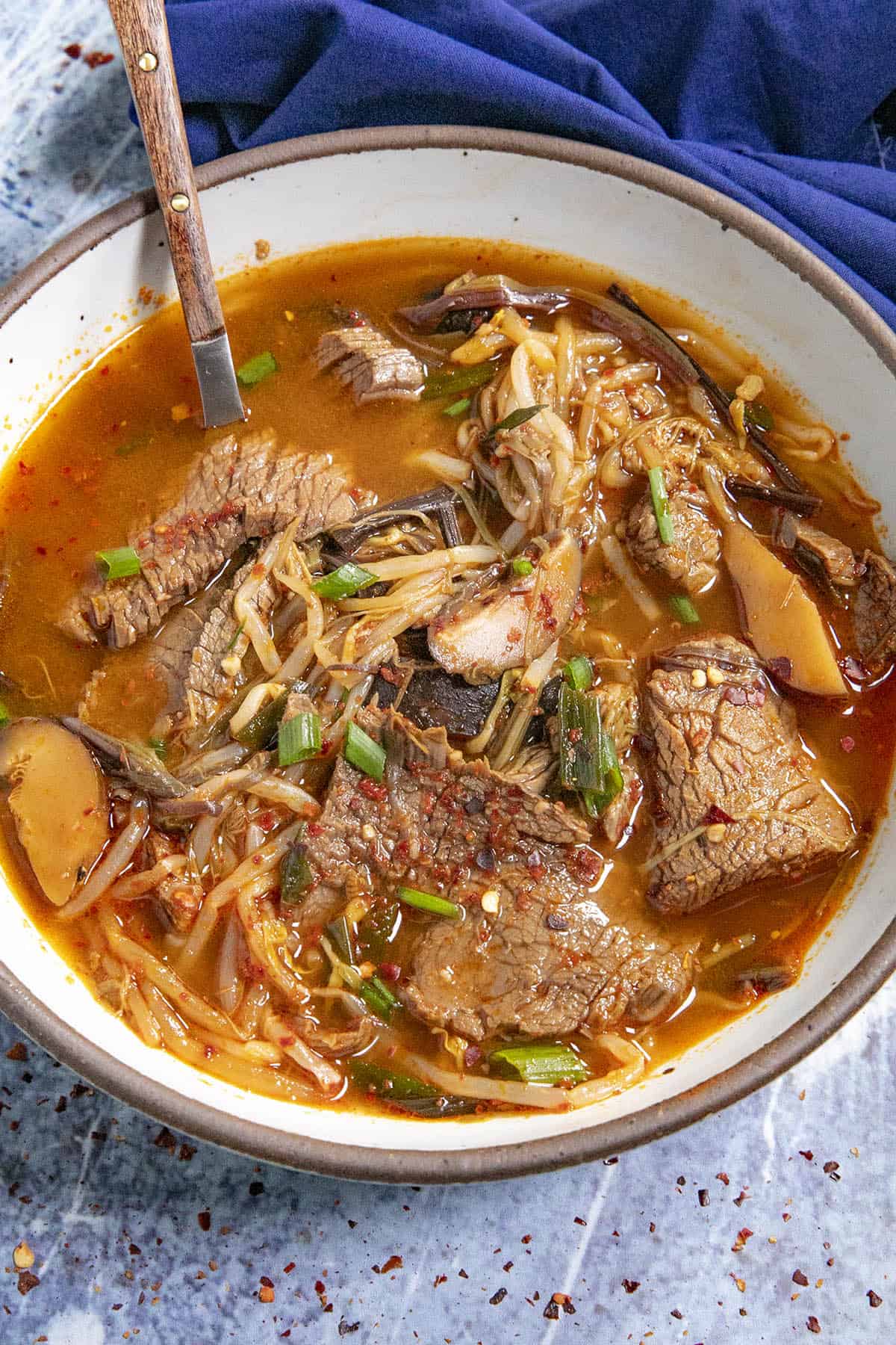 A bowl of Yukgaejang (Spicy Korean Vegetable Beef Soup)