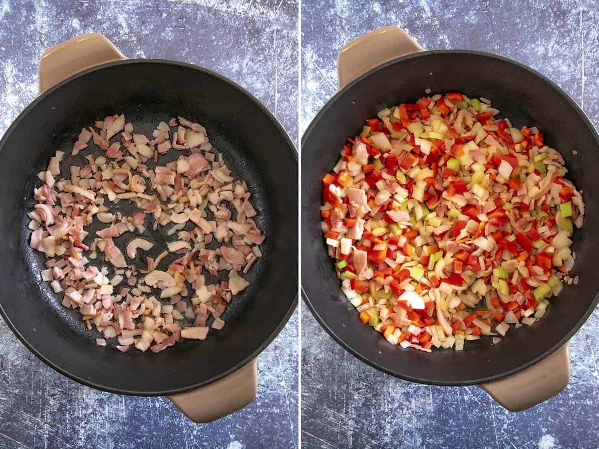 Cooking bacon and base vegetables in a pot to make black eye peas soup