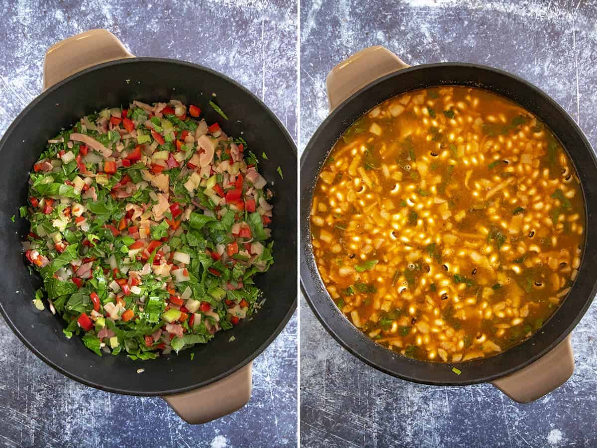 Cooking vegetables in a pot, and simmering the black eye peas soup