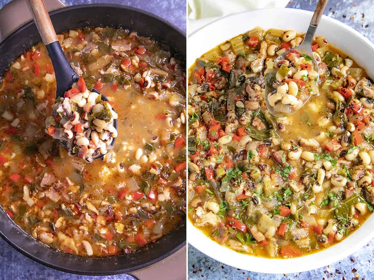 Black Eyed Peas Soup ready to serve from the pot, and in a bowl