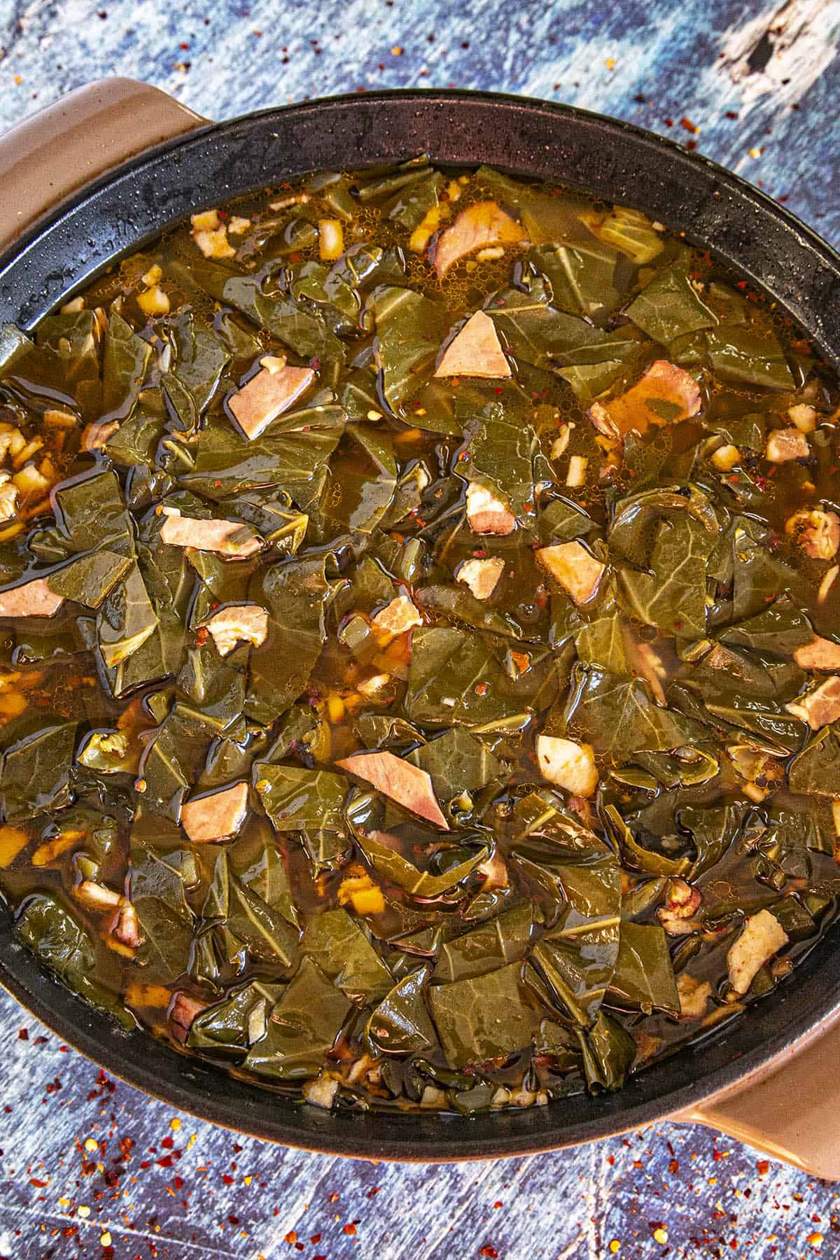 Tender Collard Greens simmering in a pot