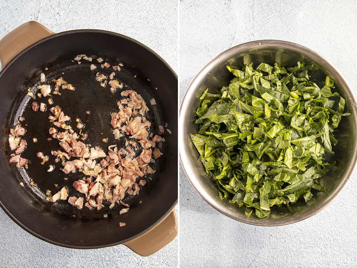 Cooking down bacon in a pot and sliced collards for making Collard Greens