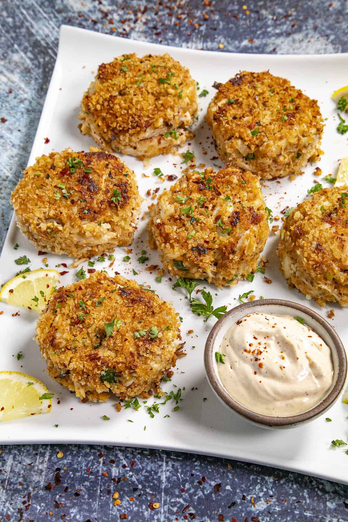 Crab Cakes on a serving platter ready to serve