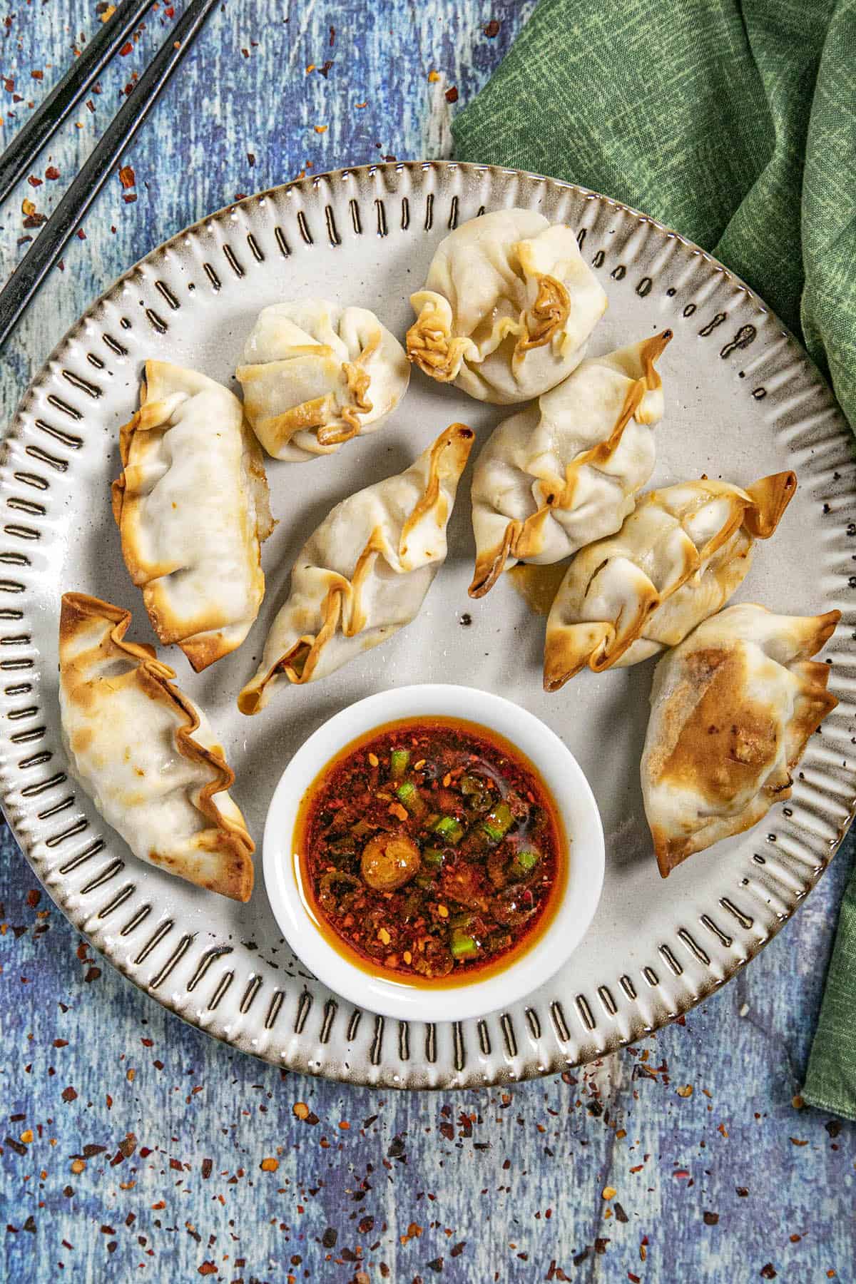 Gyoza Sauce on a serving plate with gyoza potstickers