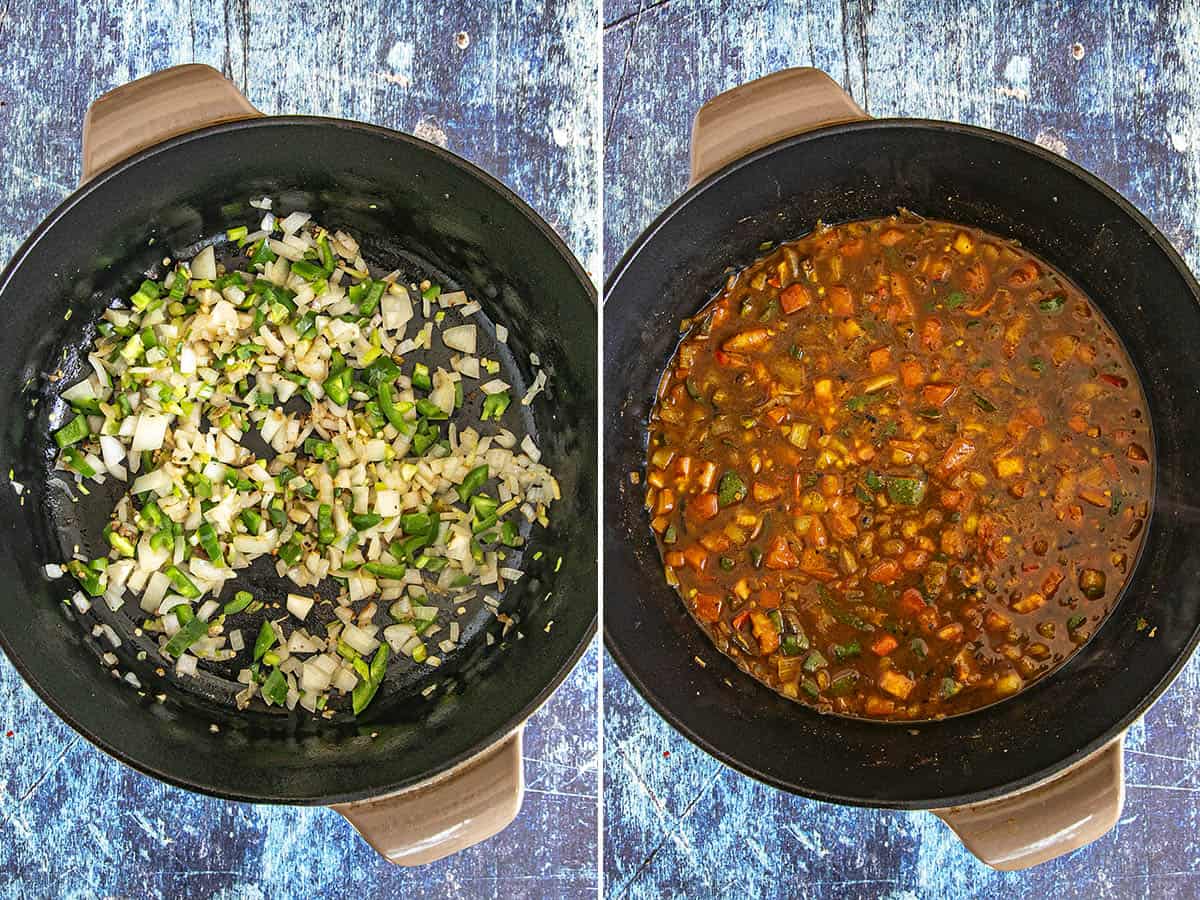 Cooking vegetables and sauce in a pot to make Oxtail Soup