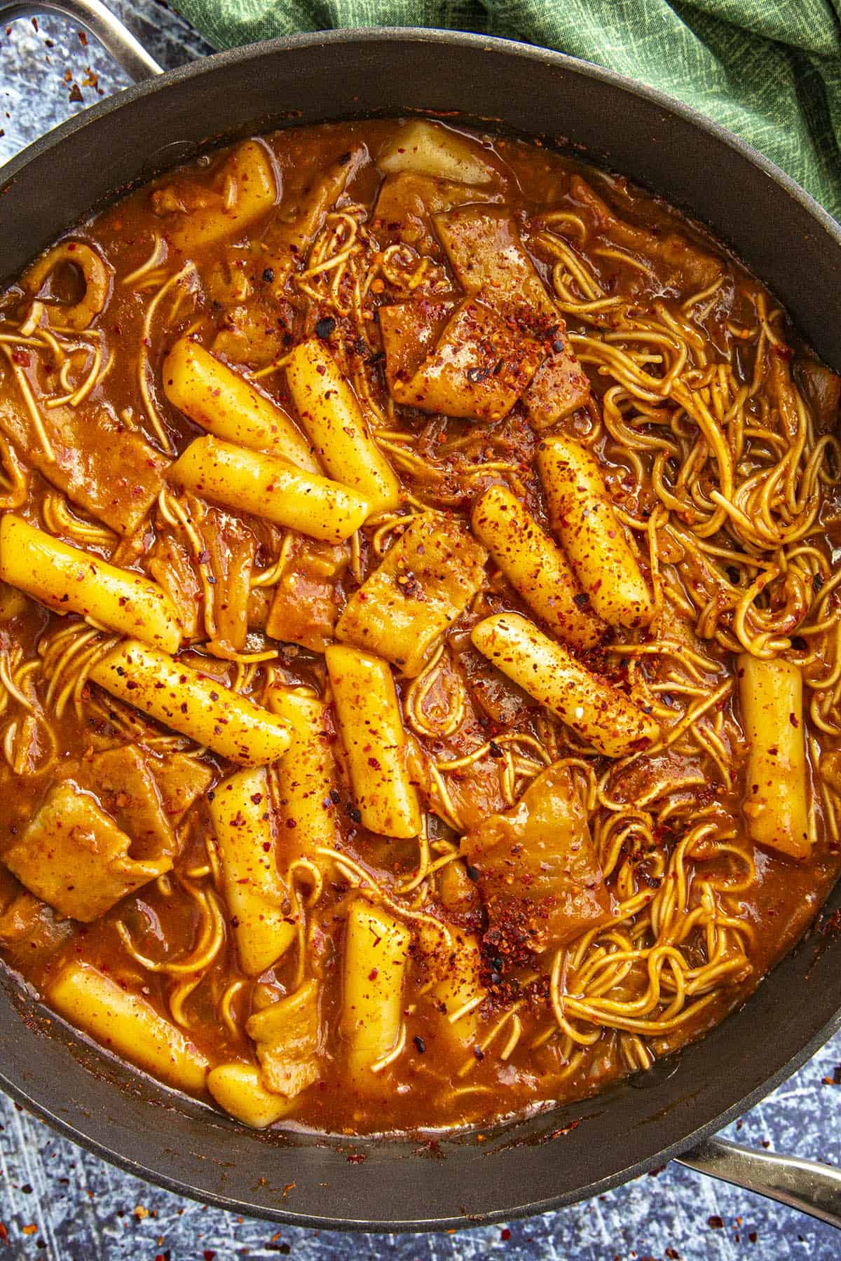 Korean Ramen with Rice Cakes (Rabokki) in a pan, ready to serve