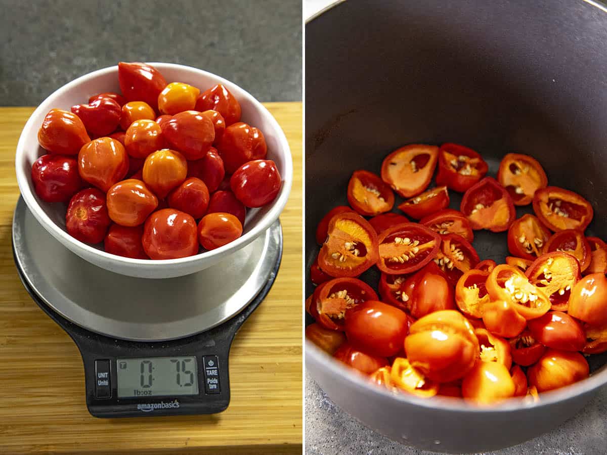 Weighing red savina habaneros to make hot sauce