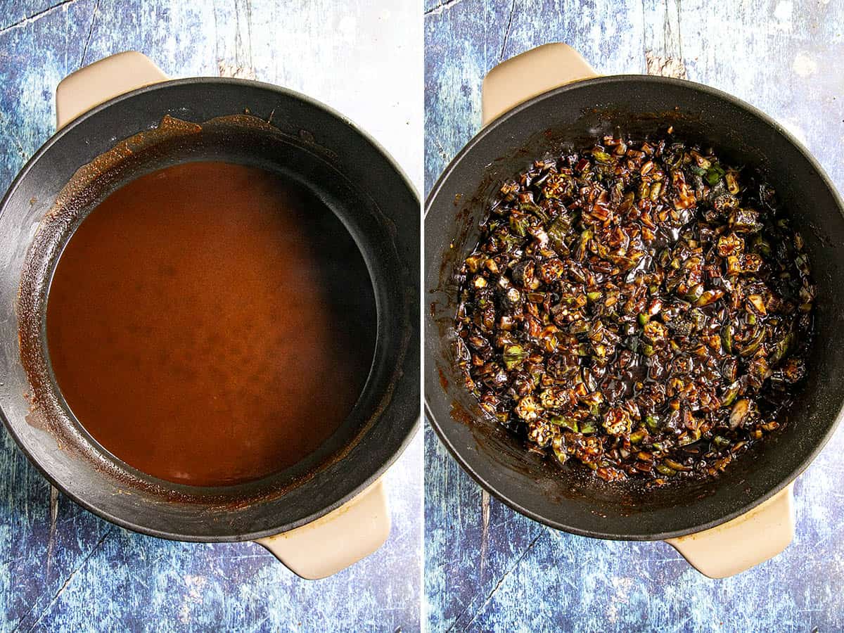 Cooking the roux, then adding the vegetables to a large pot to make Seafood Gumbo