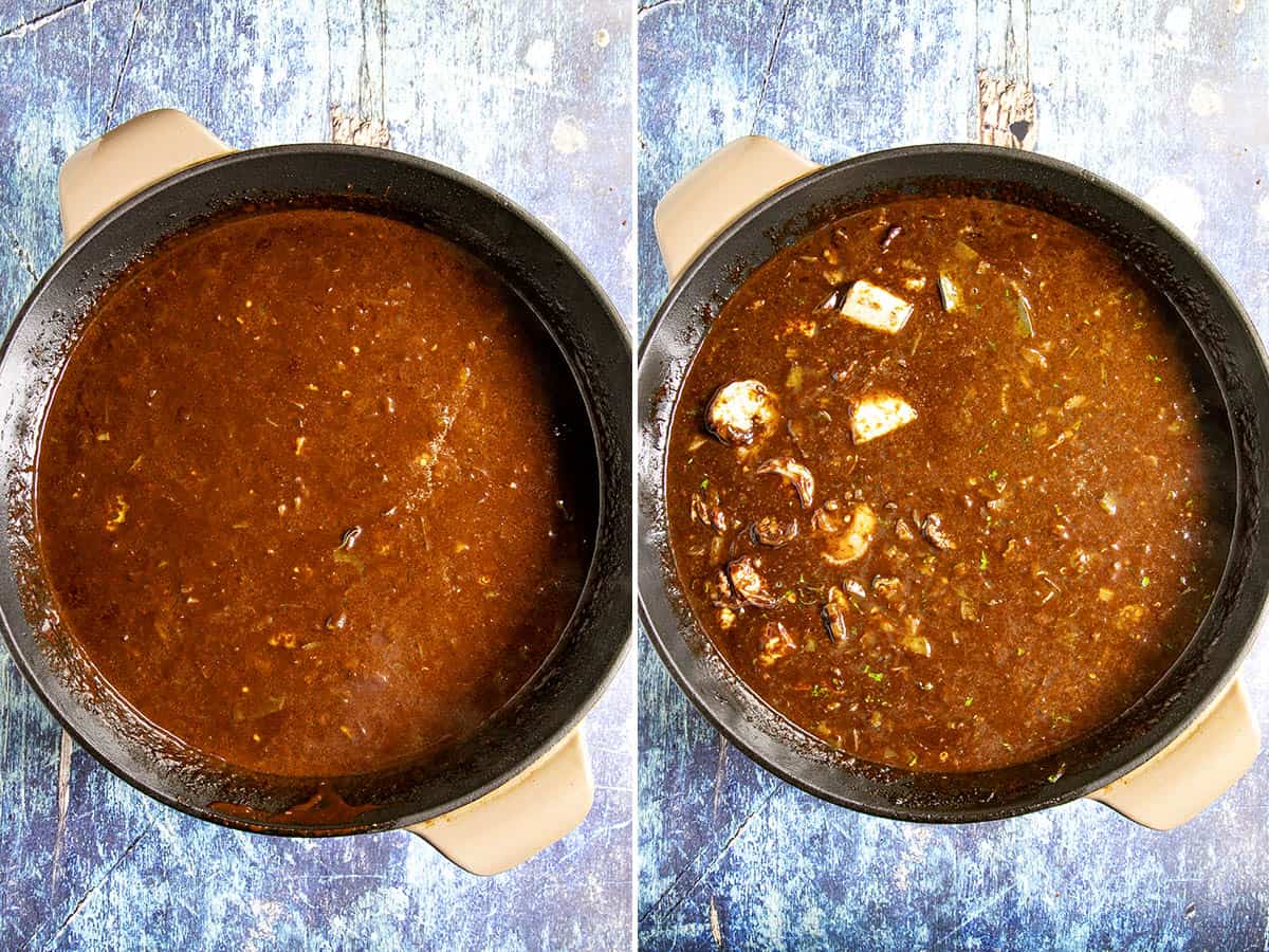 Simmering the seafood gumbo in a large pot, then with added seafood, almost ready to serve