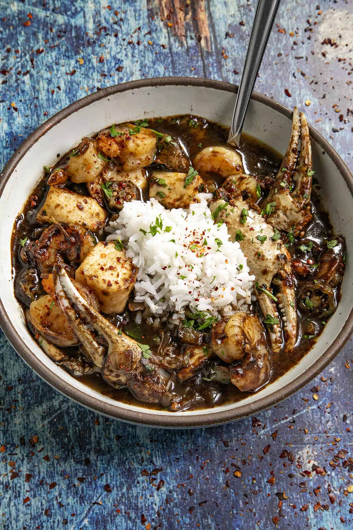 Seafood Gumbo in a bowl with rice