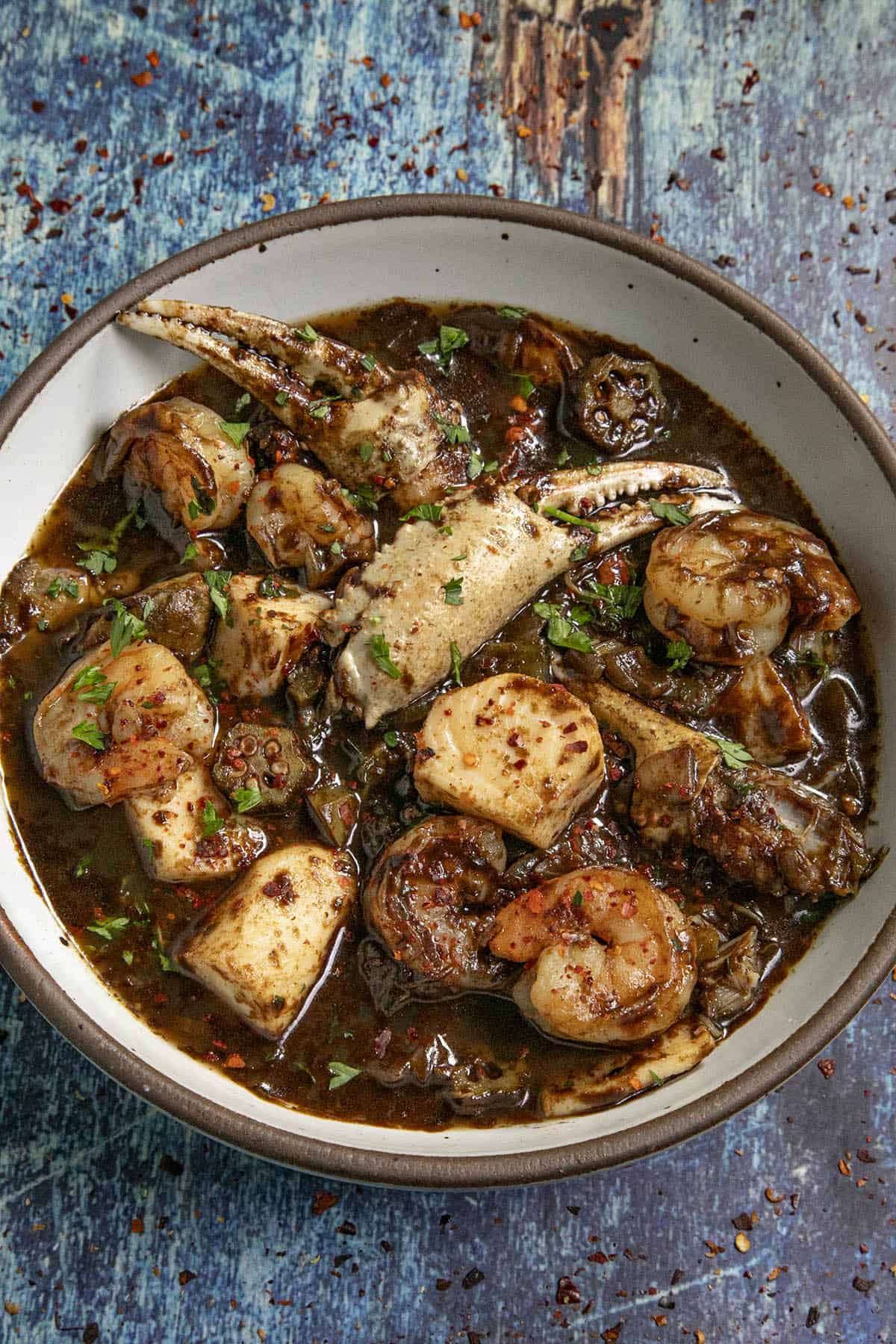 Seafood Gumbo in a bowl with lots of shrimp, fish, and crab