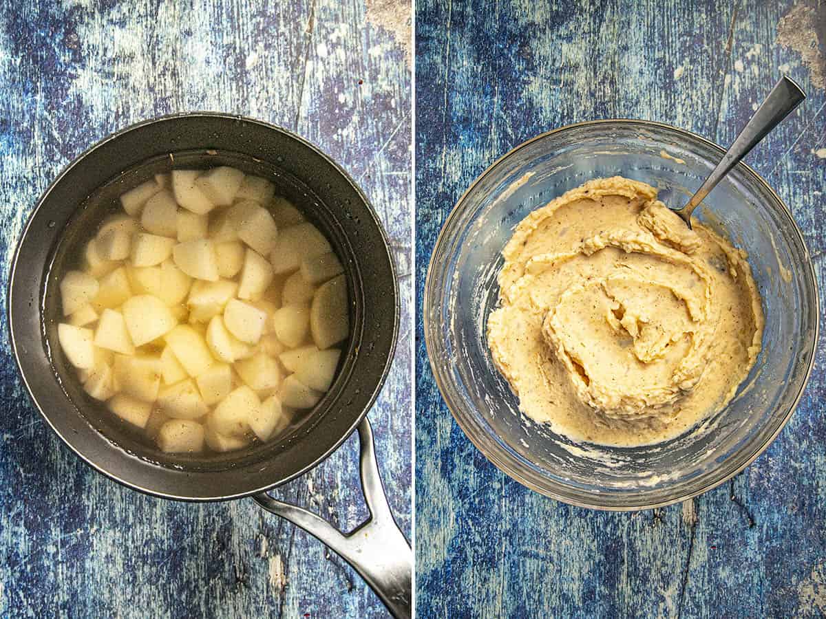 Boiling potatoes, and seasoned mashed potatoes in a bowl for making tacos de papa