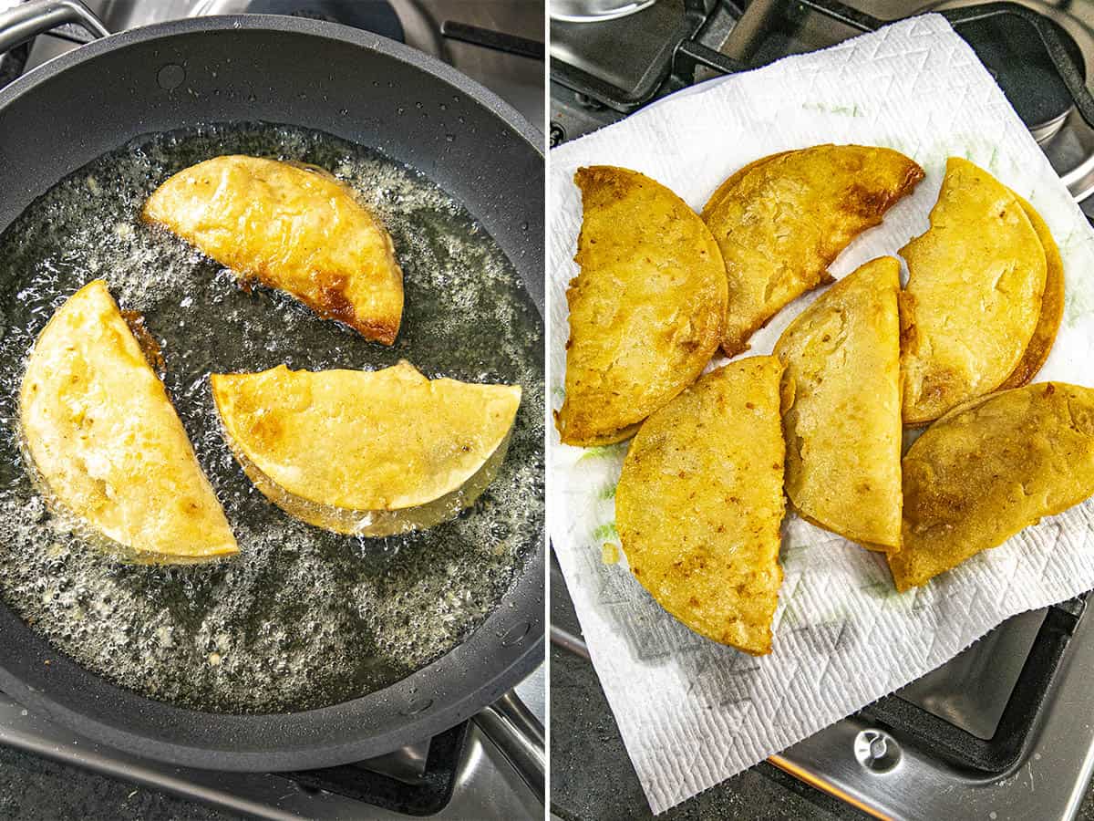 Frying tacos de papa in oil and draining them on paper towels