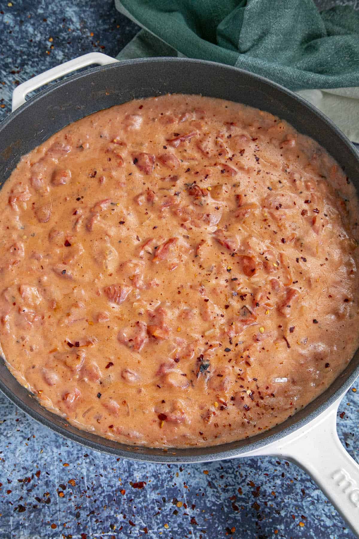 Tomato gravy in a pan, ready to serve