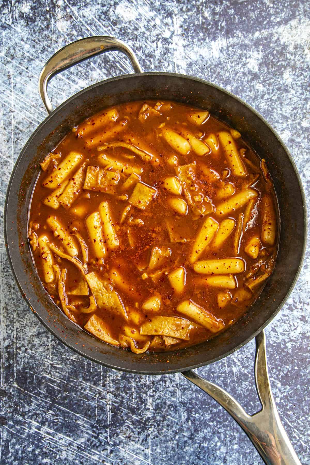 Simmering Tteokbokki in a pan