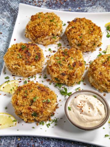 Crab Cakes on a serving platter ready to serve