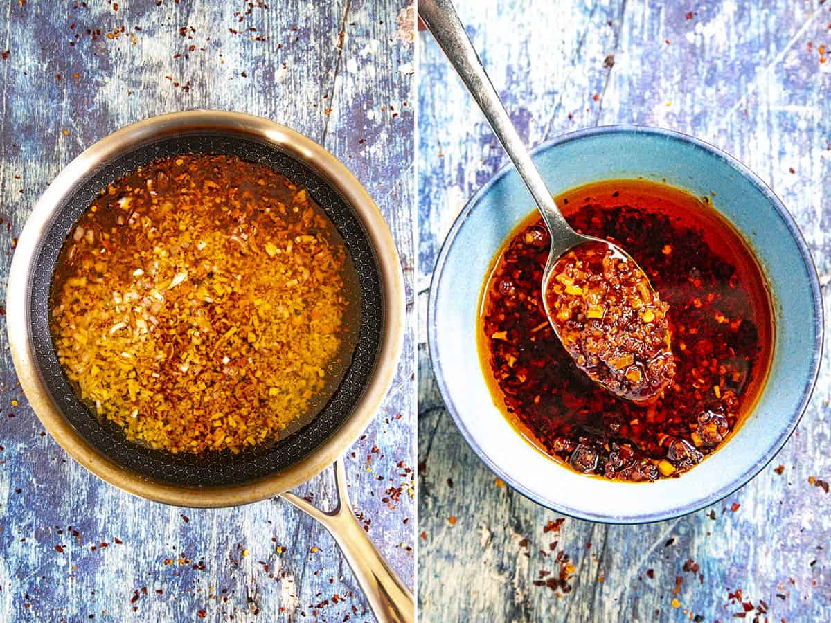 Making spicy chili oil to accompany the Bun Bo Hue (Spicy Vietnamese Noodle Soup)